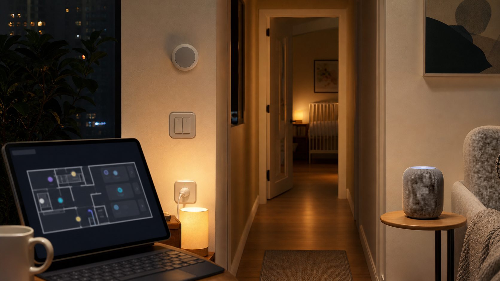 A warm apartment hallway at night with a floorplan smart-home dashboard, lamp, smart outlet, thermostat sensor, and voice speaker.